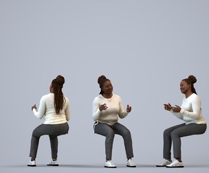 00317_Theresia009 Adult Black woman talking while seated at home in transitional seasonal clothing