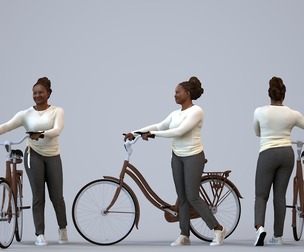 00317_Theresia021 Adult Black woman commuting with bicycle in casual transitional seasonal clothing