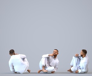 00318_Adil005 Adult Middle Eastern man relaxing in low seated position wearing traditional thobe
