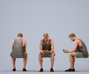 00321_Boris008 Adult Caucasian male sitting in public space with smartphone, summer casual