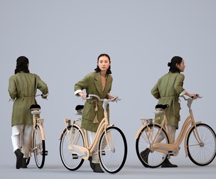 00322_Xia012 Adult Asian woman walking with bicycle in casual transitional seasonal clothing
