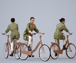 00322_Xia014 Adult Asian woman cycling outdoors in casual transitional seasonal clothing