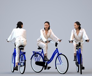 00322_Xia011 Adult Asian woman commuting by bicycle in casual transitional seasonal clothing