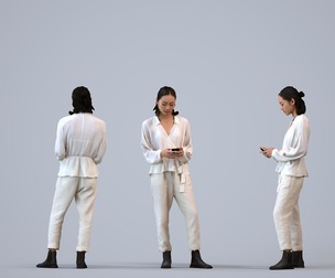00322_Xia003 Adult Asian woman standing with smartphone in transitional seasonal clothing