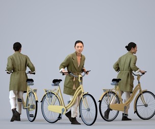00322_Xia013 Adult Asian woman standing with bicycle in casual transitional seasonal clothing