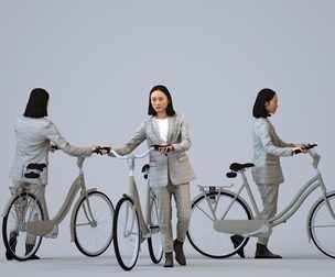 00325_Xia011 Adult Asian woman commuting with bicycle in business attire, transitional seasonal