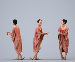 00327_Xia006 Adult Asian woman leaning casually in public space wearing summer clothing