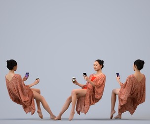 00327_Xia008 Adult Asian woman sitting with coffee in summer attire