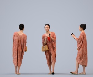 00327_Xia005 Adult Asian woman walking public space with smartphone and bag