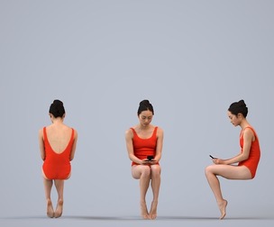 00327_Xia011 Adult Asian woman sitting in casual sportswear using smartphone