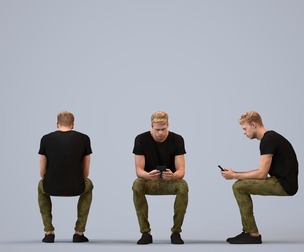 00328_Boris010 Adult Caucasian man sitting in public space with smartphone, casual summer attire