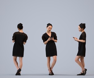 00329_Xia004 Adult Asian woman walking outdoors with smartphone in transitional business attire