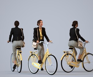 00333_Siti001 Adult Asian woman cycling publicly in business attire with bag