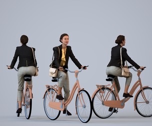 00333_Siti002 Adult Caucasian woman cycling through public space in transitional seasonal business