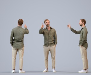 00334_Foster005 Adult Caucasian man waving in public space wearing casual transitional clothing