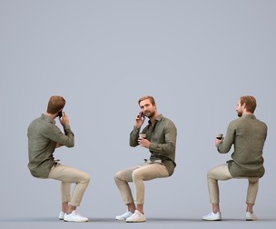 00334_Foster008 Adult Caucasian man calling while sitting publicly, coffee, transitional seasonal