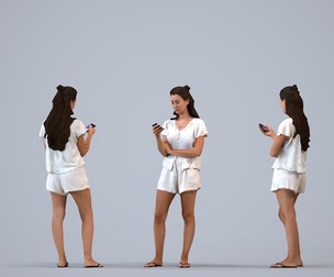 00335_Siti006 Adult Caucasian woman standing at home with smartphone in summer clothing