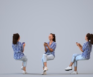 00337_Siti010 Adult Caucasian woman sitting in public space with smartphone, summer casual attire