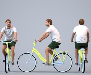 00338_Foster001 Adult Caucasian man riding bicycle in casual summer attire for urban planning