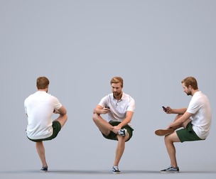 00338_Foster007 Adult Caucasian man sitting in public space with smartphone, summer casual attire