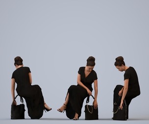00339_Siti009 Adult Caucasian woman crouching while waiting in public with bag, transitional attire