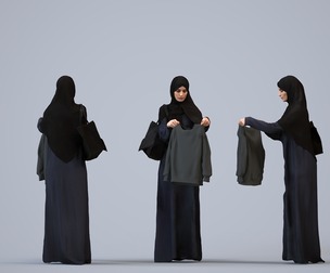00243_Hannah0006 Adult Middle Eastern woman browsing retail space wearing abaya and hijab with bag
