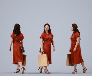 00343_Anisa006 Adult Caucasian woman walking through retail space with shopping bags