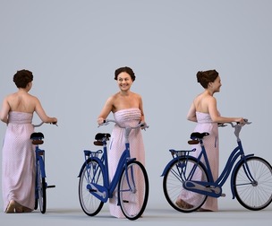 00345_Anisa001 Adult Caucasian woman standing with bicycle in casual summer commuting attire