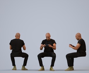 00356_Carl011 Adult Black man sitting in public space with smartphone, transitional seasonal