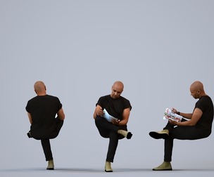 00356_Carl010 Adult Black man reading in public space wearing transitional seasonal clothing