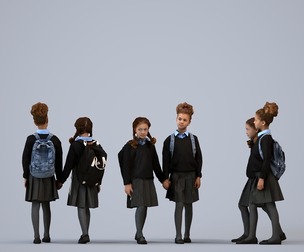 00358_Cloe006 Teen mixed-ethnicity girl walking to school in uniform with bag