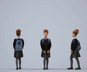 00358_Cloe005 Teen mixed-ethnicity girl waiting with school bag in uniform, transitional seasonal