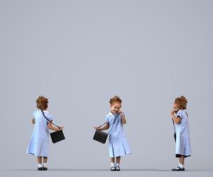 00359_Evie003 Young Caucasian girl standing with school bag in casual summer clothing
