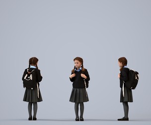 00360_Cloe005 Young mixed ethnicity girl waiting at school with bag in transitional seasonal