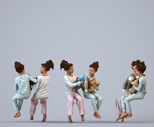 00369_Carl011 Young mixed-ethnicity girl sitting in pajamas with stuffed animals and siblings