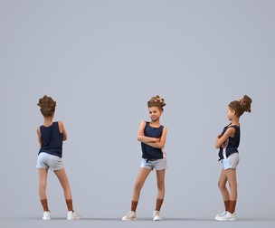 00372_Evie003 Mixed ethnicity child waiting in summer sportswear for athletic activities