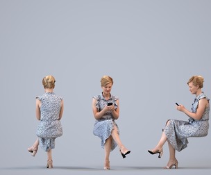 00375_Sophie009 Adult Caucasian woman sitting in public space with smartphone, summer casual attire