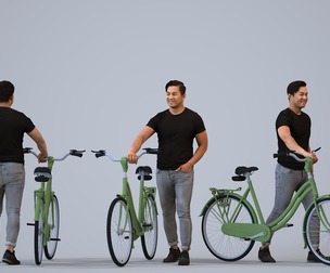 00380_Mansur011 Adult Asian man standing with bicycle in casual summer commuting attire