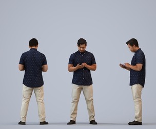 00381_Mansur005 Adult Asian male using smartphone in public space wearing casual summer attire