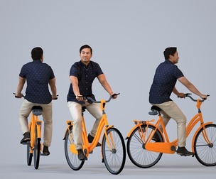 00381_Mansur011 Adult Asian man cycling through public space in summer attire