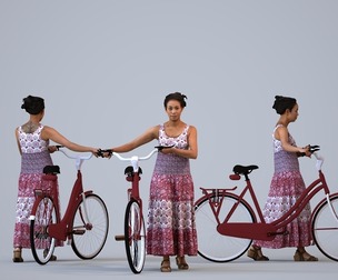 00382_Susila025 Adult Asian woman commuting with bicycle in casual summer attire