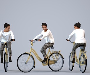 00383_Susila014 Adult Asian woman cycling in casual summer attire for urban planning visualization