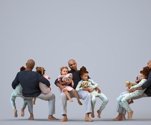 00369_Carl007 Adult mixed-race family sitting together at home in transitional seasonal clothing