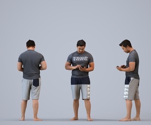 00386_Mansur005 Adult Asian man using smartphone at home in summer attire