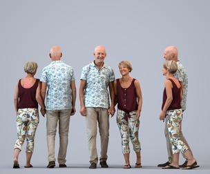 00388_Julie016 Senior Caucasian woman walking in summer travel attire, bonding gesture