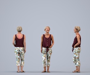 00388_Julie003 Senior Caucasian woman standing in public space wearing casual summer clothing