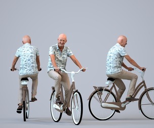 00389_James011 Senior Caucasian man riding bicycle in casual summer attire for urban planning