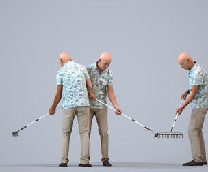 00389_James008 Senior Caucasian man gardening with rake in casual summer attire