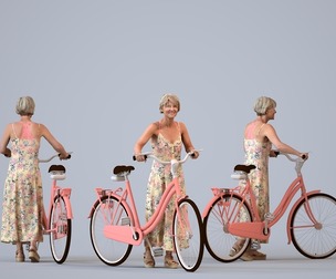 00392_Julie001 Senior Caucasian woman standing with bicycle in summer attire for public spaces