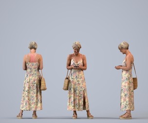 00392_Julie006 Senior Caucasian woman standing in public space with smartphone and bag